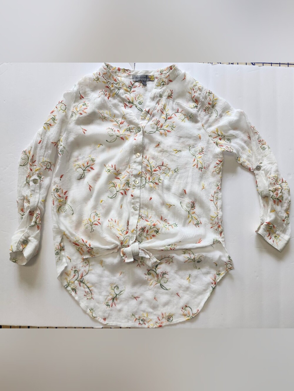 Figueroa & Flower Embroidered Floral Button-Front Tie Sheer Long SL Top S SM